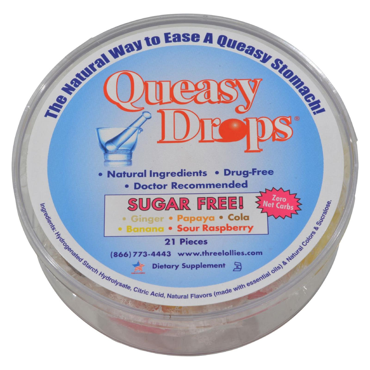 Three Lollies Queasy Drops Ginger Papaya Cola Banana Sour Raspberry - 21 Pieces