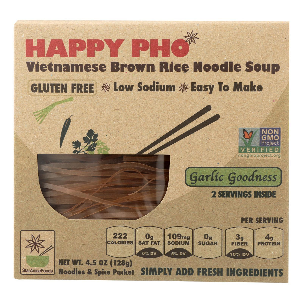 Happy Pho Brown Rice Noodle Soup Mix, Garlic Goodness  - Case Of 6 - 4.5 Oz